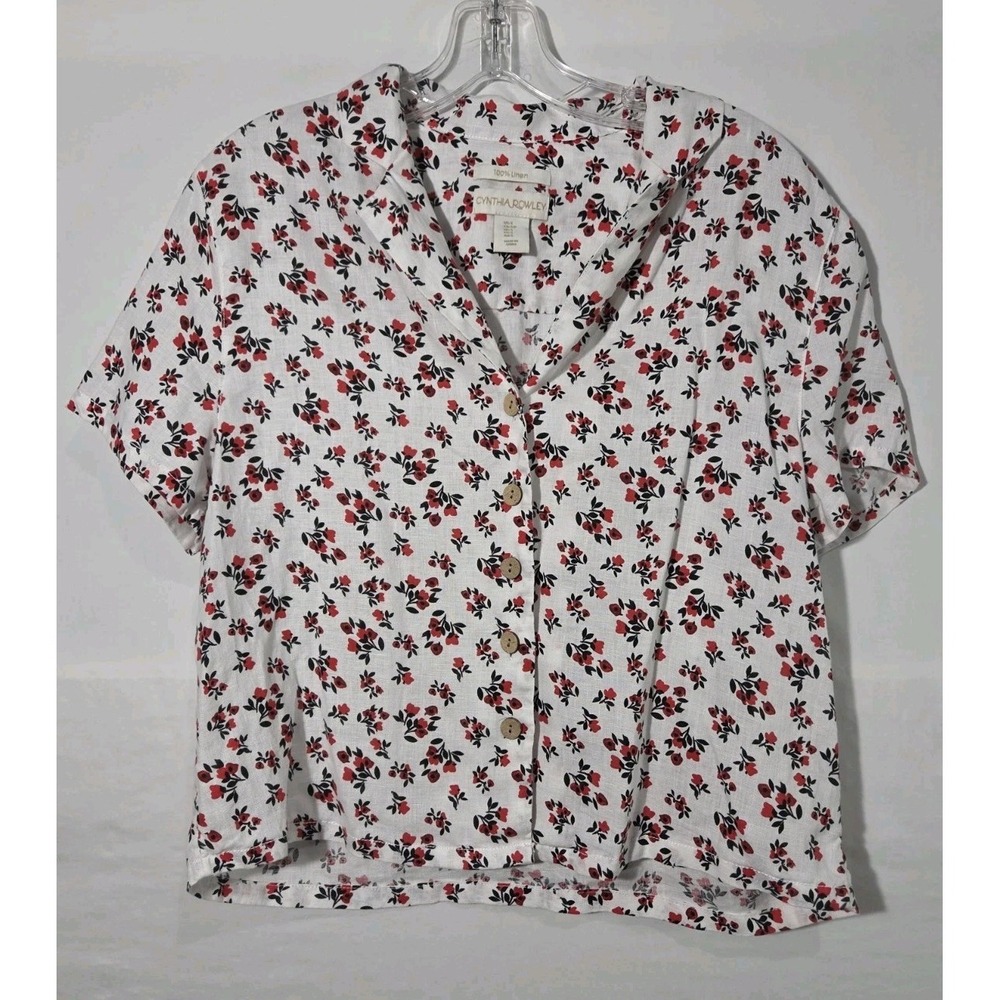 Cynthia Rowley Women's 100% Linen White Red Floral Button Down Short Sleeve Top